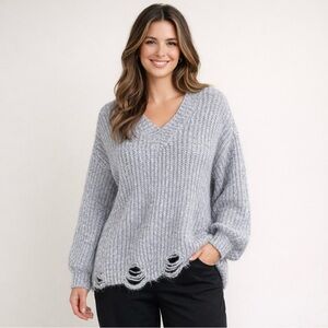 💖 Andrée by Unit Cozy Gray Knit V-Neck Open-Weave Oversized Sweater, Size S